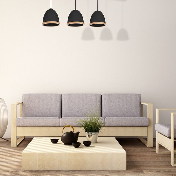 Závěsné svítidlo Studio, 3x dřevěné/černé kovové stínítko, (fi 21cm), b/br