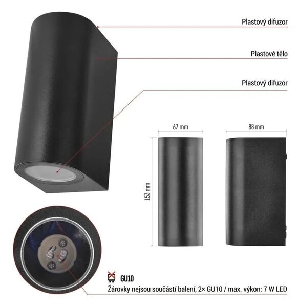 EMOS LED zahradní nástěnné svítidlo, 8,8 x 6,7 x 15,3 cm, 2 x GU10, 35 W 1554020001