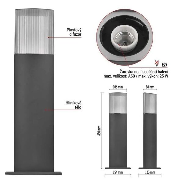 EMOS LED zahradní sloupkové svítidlo, 15,3 x 13,3 x 45 cm, 1 x E27, 25 W 1554002003