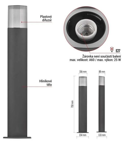 EMOS LED zahradní sloupkové svítidlo, 15,4 x 13,3 x 75 cm, 1 x E27, 25 W 1554002004