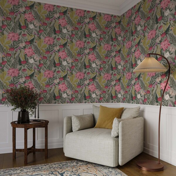 Tapety Sytě růžové a krémové květy na šedém pozadí, impasto textura, Tapety květiny, a00629 : uwalls.cz
