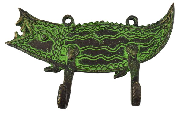 Věšák, krokodýl, "Tribal art", mosaz, dva háčky, zelená patina, 17cm