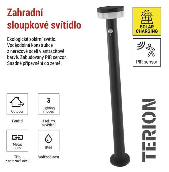 EMOS LED zahradní solární sloupkové svítidlo s čidlem soumraku, TERION, 12,5 × 12,5 × 80 cm 1554202201