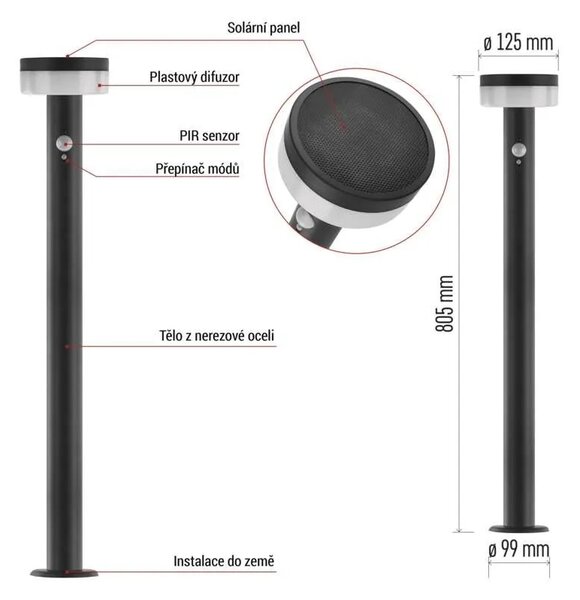 EMOS LED zahradní solární sloupkové svítidlo s čidlem soumraku, TERION, 12,5 × 12,5 × 80 cm 1554202201