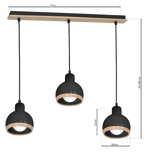 Závěsné svítidlo Oval, 3x dřevěné/černé kovové stínítko, b