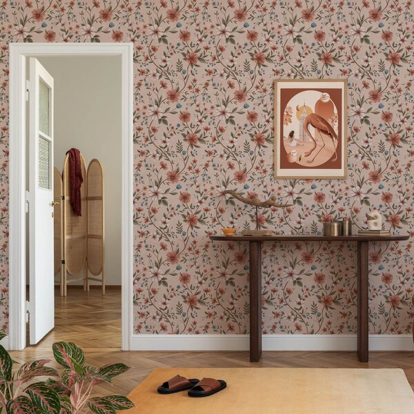 Tapety Růžovo-korálové květy a listy na prašně růžovém podkladu, Tapety květiny, a00667 : uwalls.cz
