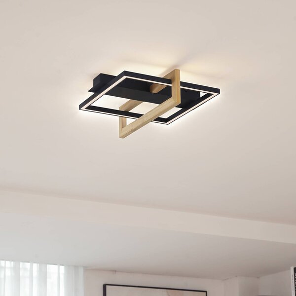 Lindby LED stropní svítidlo Holamu, 46 cm, černá, dřevo, kov, Černá, Obývací pokoj / jídelna, Hliník, Moderní