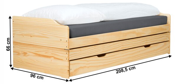 KONDELA Postel s výsuvnými přistýlkami, přírodní, masiv, 90x200, FLOPY