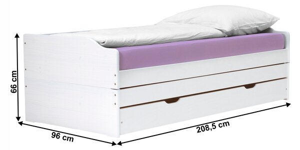 KONDELA Postel s výsuvnými přistýlkami, bílá, masiv, 90x200, FLOPY