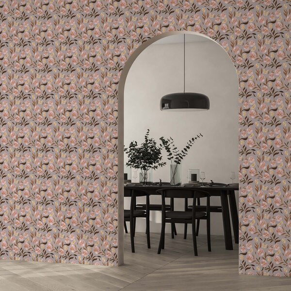 Tapety Růžové květy a motýli na šedobéžovém pozadí, Tapety květiny, a00633 : uwalls.cz