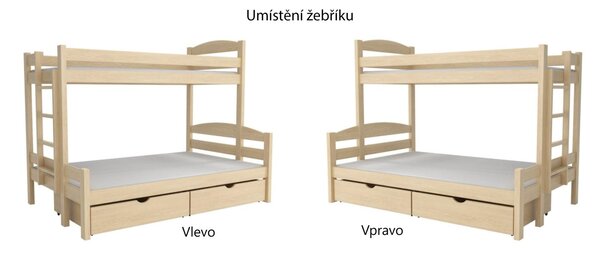 Dětská patrová postel z masivu borovice s rozšířeným spodním lůžkem SAVANA se šuplíky - 200x90/140 cm - PŘÍRODNÍ BOROVICE