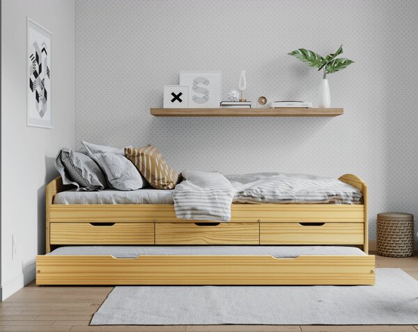 KONDELA Postel s výsuvnou přistýlkou, přírodní, masiv, 90x200, MARINELLA NEW