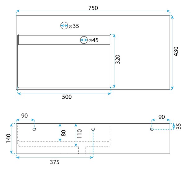 Rea Archi, umyvadlo na desku z konglomerátu 750x430x140 mm, levá verze, šedá matná, REA-U4303