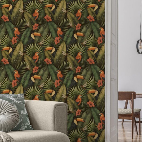 Tapety Tukan a papoušci mezi tropickou zelení a květinami, Tapety květiny, a00702 : uwalls.cz