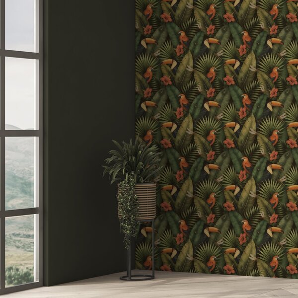 Tapety Tukan a papoušci mezi tropickou zelení a květinami, Tapety květiny, a00702 : uwalls.cz