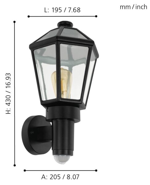 Eglo 97257- Venkovní nástěnné svítidlo se senzorem MONSELICE 1xE27/28W/230V IP44