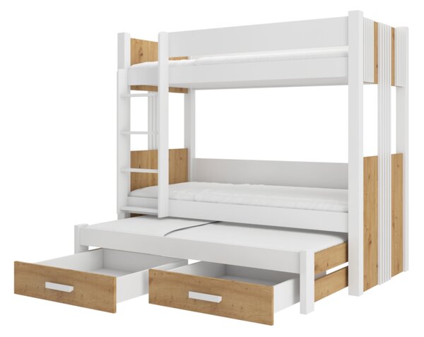 Dětská patrová postel TEMA + 3x matrace, 90x200, bílá/dub artisan