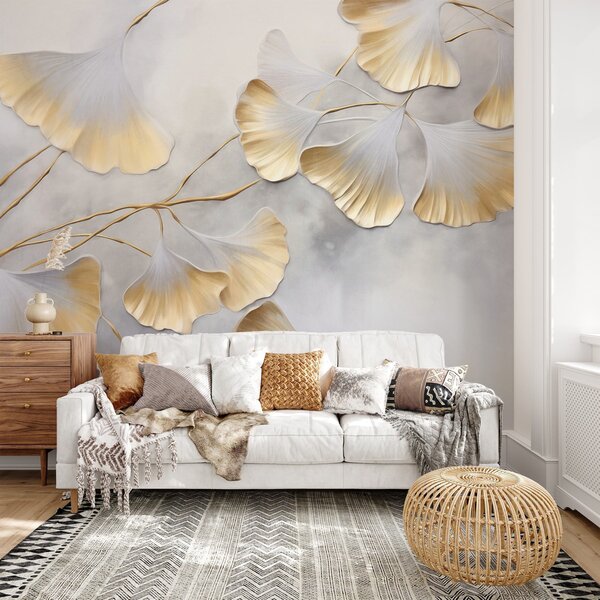 Fototapety Listy ginkga biloba se žlutými okraji na větvi, šedé texturované pozadí, elegantní a, Fototapety příroda, w09472 : uwalls.cz