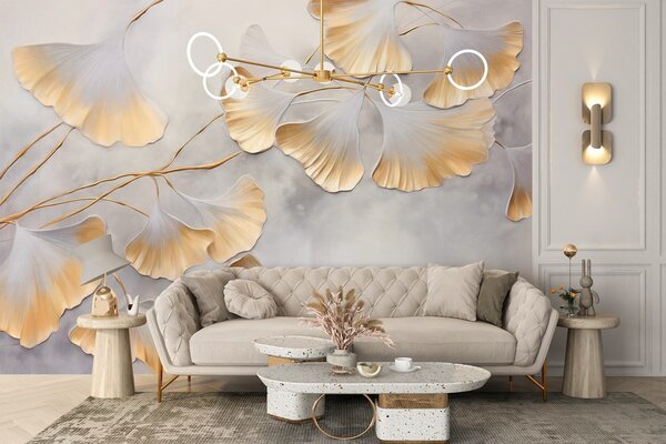 Fototapety Listy ginkga biloba se žlutými okraji na větvi, šedé texturované pozadí, elegantní a, Fototapety příroda, w09472 : uwalls.cz