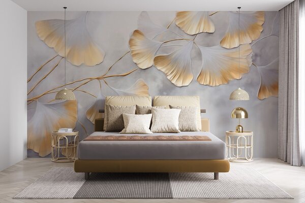 Fototapety Listy ginkga biloba se žlutými okraji na větvi, šedé texturované pozadí, elegantní a, Fototapety příroda, w09472 : uwalls.cz