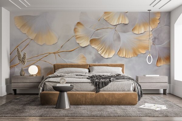 Fototapety Listy ginkga biloba se žlutými okraji na větvi, šedé texturované pozadí, elegantní a, Fototapety příroda, w09472 : uwalls.cz