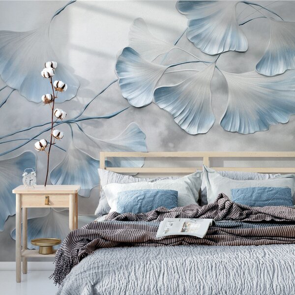 Fototapety Listy ginkga biloba s modrými okraji na větvi, šedé texturované pozadí, elegantní a, Fototapety příroda, w09472v1 : uwalls.cz