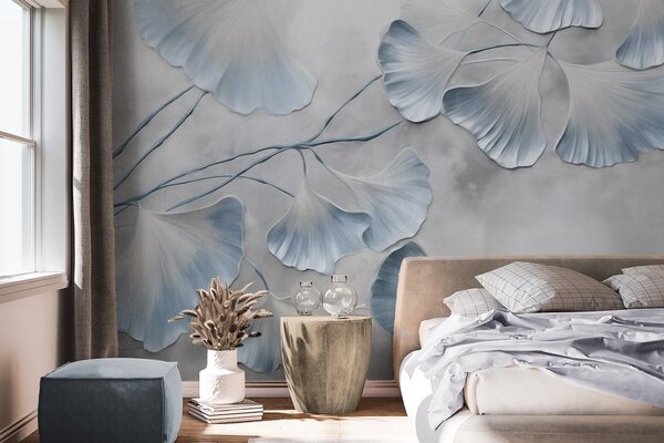 Fototapety Listy ginkga biloba s modrými okraji na větvi, šedé texturované pozadí, elegantní a, Fototapety příroda, w09472v1 : uwalls.cz