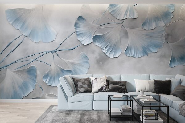 Fototapety Listy ginkga biloba s modrými okraji na větvi, šedé texturované pozadí, elegantní a, Fototapety příroda, w09472v1 : uwalls.cz