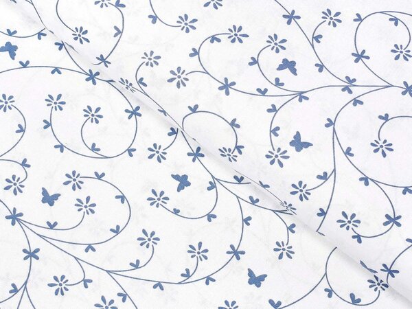 Bavlněná látka/plátno Sandra SA-051 Drobné modré květiny a motýlci na bílém - šířka 140 cm