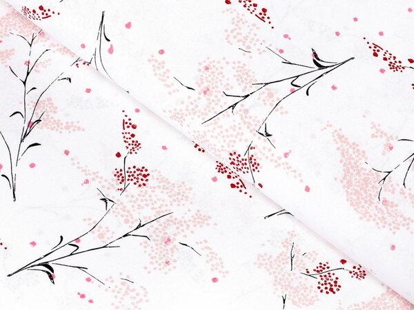 Bavlněná látka/plátno Sandra SA-088 Vínovo-růžové luční květiny na bílém - šířka 145 cm