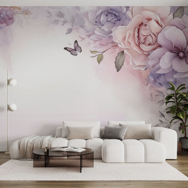 Fototapety Jemné růžové a lila květy s motýlem, Fototapety květiny, w04711 : uwalls.cz