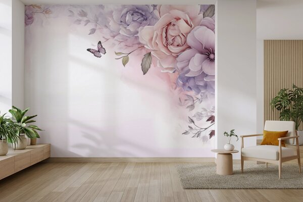 Fototapety Jemné růžové a lila květy s motýlem, Fototapety květiny, w04711 : uwalls.cz