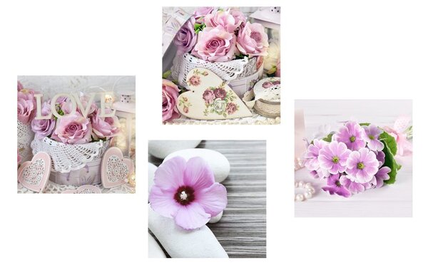 Set obrazů romantické květiny s nápisem Love