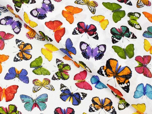 Dekorační látka Leona LN-062 Barevní motýlci na bílém - šířka 140 cm