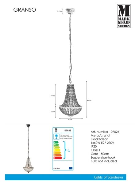 Markslöjd 107026 - Křišťálový lustr na řetězu GRÄNSÖ 1xE27/60W/230V
