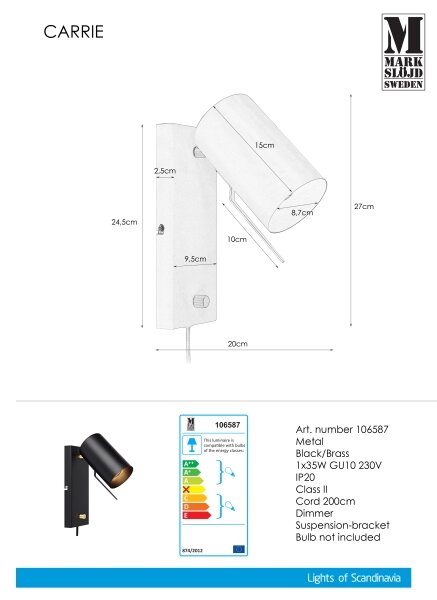 Markslöjd 106587 - Stmívatelné nástěnné svítidlo CARRIE 1xGU10/35W/230V černá