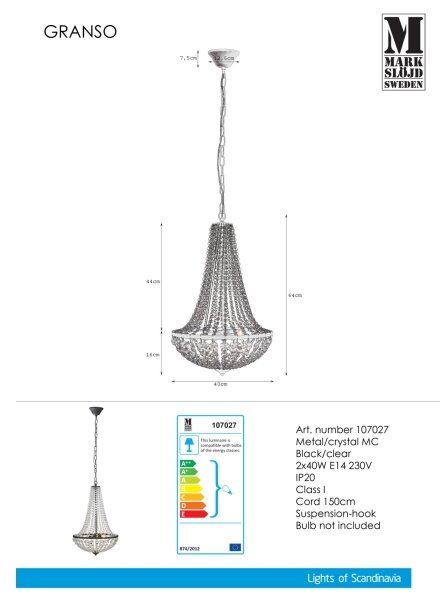 Markslöjd 107027 - Křišťálový lustr na řetězu GRÄNSÖ 2xE14/40W/230V
