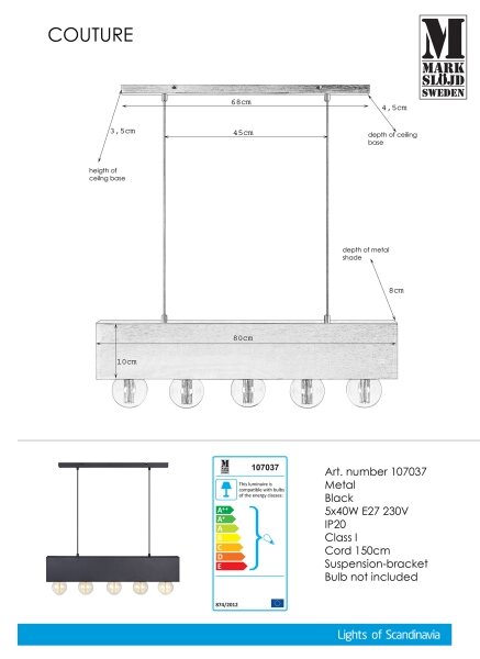 Markslöjd 107037 - Lustr na lanku COUTURE 5xE27/40W/230V černá