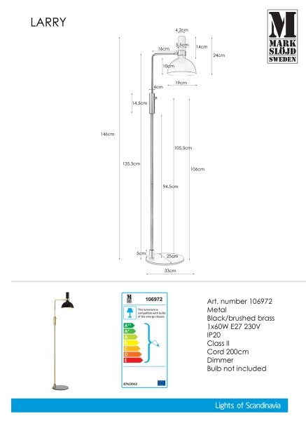 Markslöjd 106972 - Stmívatelná stojací lampa LARRY 1xE27/60W/230V černá/zlatá
