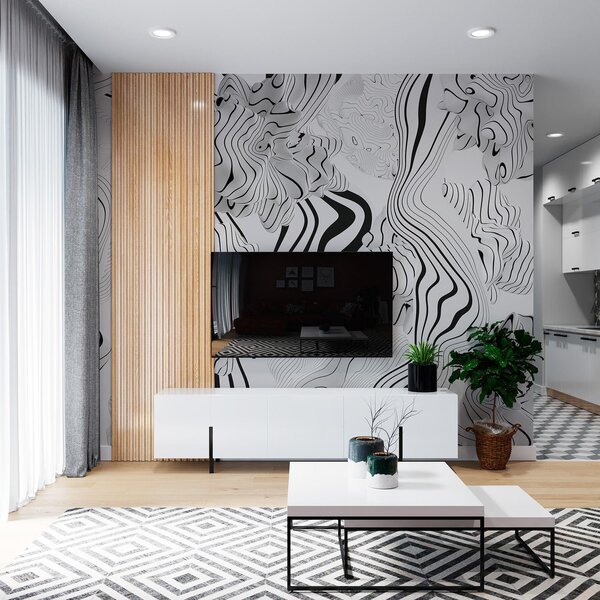 Fototapety abstraktní organické tvary ve 3D stylu v bílé a šedé barvě s černými pruhy, Fototapety abstraktní, w04627 : uwalls.cz