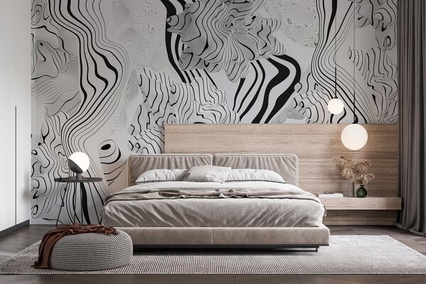 Fototapety abstraktní organické tvary ve 3D stylu v bílé a šedé barvě s černými pruhy, Fototapety abstraktní, w04627 : uwalls.cz