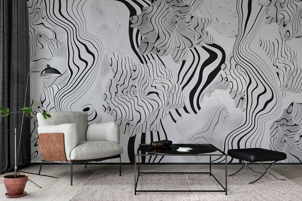 Fototapety abstraktní organické tvary ve 3D stylu v bílé a šedé barvě s černými pruhy, Fototapety abstraktní, w04627 : uwalls.cz