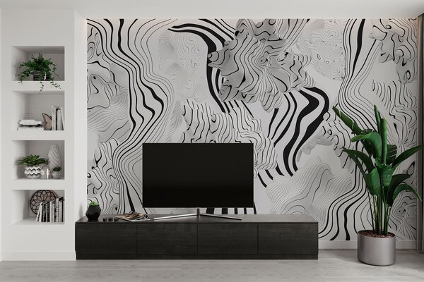 Fototapety abstraktní organické tvary ve 3D stylu v bílé a šedé barvě s černými pruhy, Fototapety abstraktní, w04627 : uwalls.cz