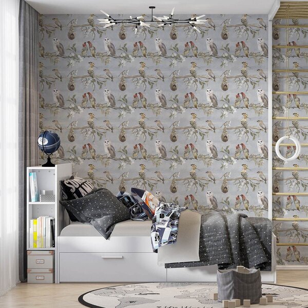 Tapety Ptáci na větvích s květinami na šedém pozadí, Tapety květiny, a00738 : uwalls.cz