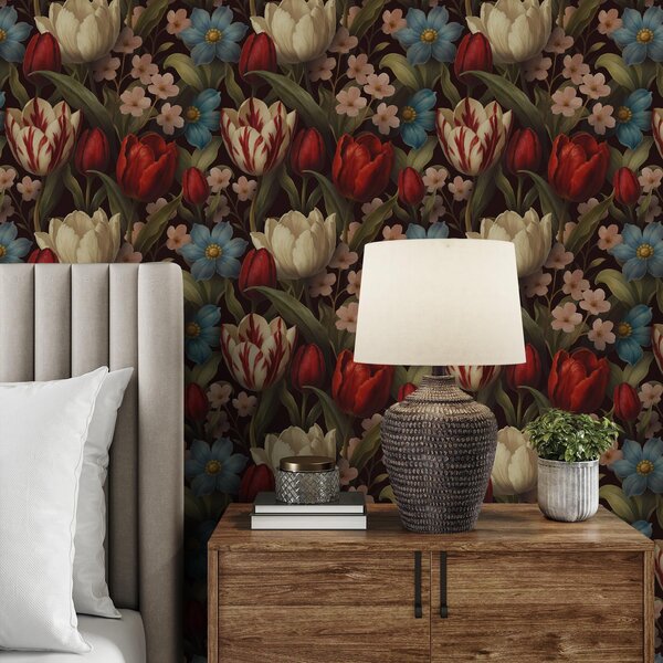 Tapety Zářivé tulipány a modré květy na tmavém pozadí, Tapety květiny, a00746 : uwalls.cz