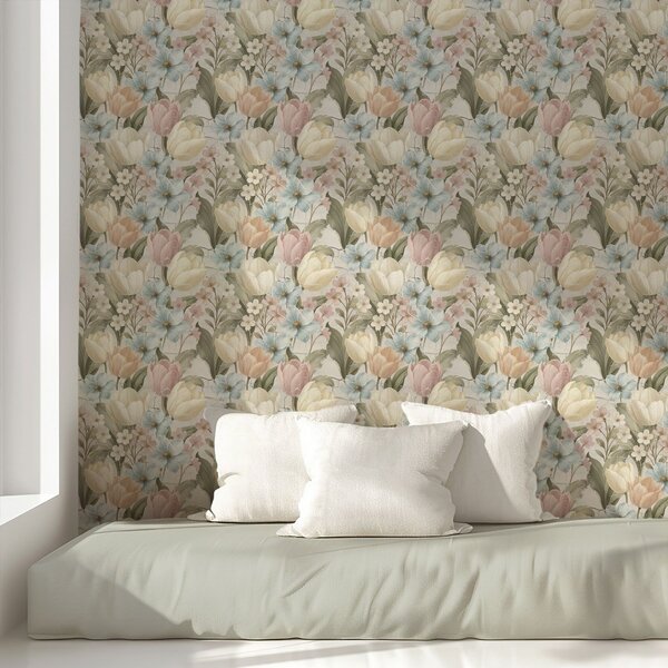 Tapety Pastelové tulipány a květiny na světlém popraskaném pozadí, Tapety květiny, a00756 : uwalls.cz