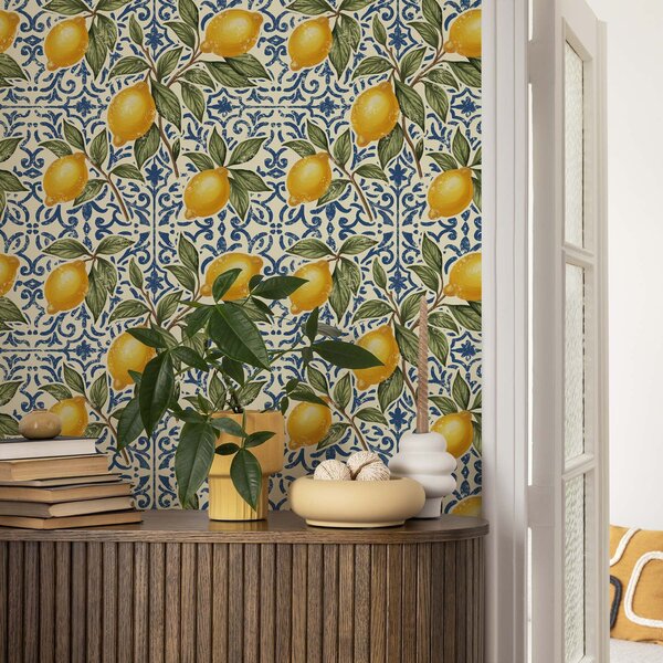 Tapety Citronové větve s modrým ozdobným pozadím, Tapety Jídlo a pití, a00763 : uwalls.cz
