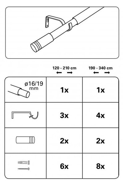 Kovová roztažitelná garnýž 120 - 210 cm Válec - Gardinia