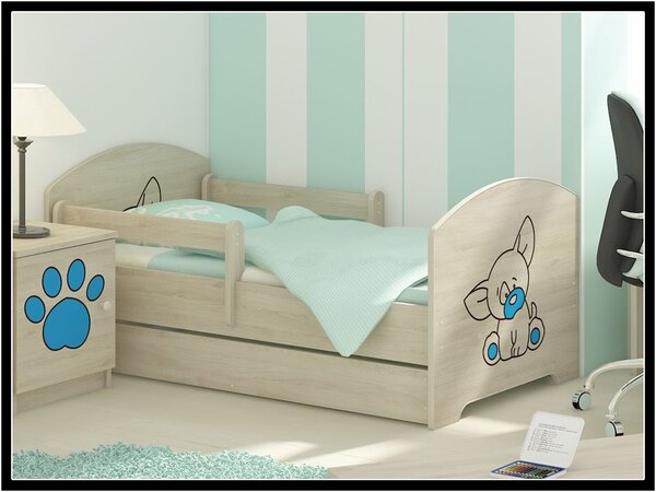 Dětská postel Oskar Čivava 160x80 cm - Dub Sonoma - 1x krátká + 1x dlouhá zábrana se šuplíkem - Modrá
