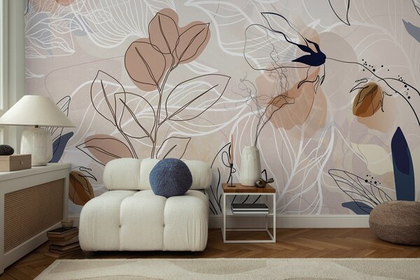 Fototapety Béžové abstraktní pozadí s listovým a květinovým line artem, moderní, minimalistické, organické, Fototapety květiny, w09487 : uwalls.cz
